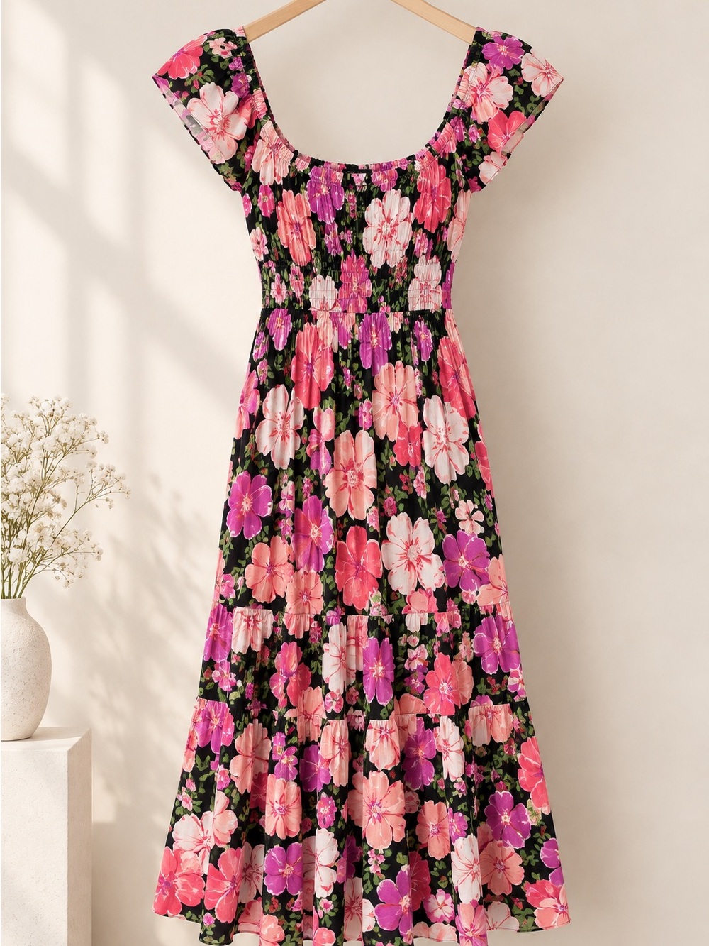 liberty Black Off-Shoulder Floral Maxi Dress with Pink and Purple Blooms